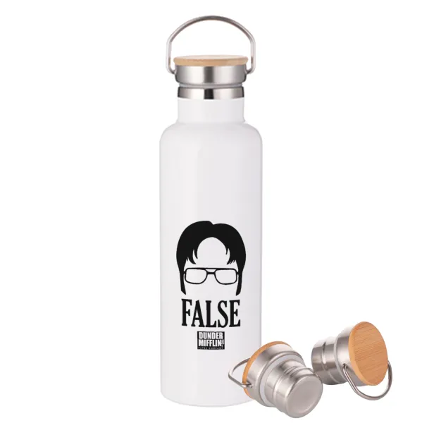 The office Dwight false — Μεταλλικό παγούρι θερμός (Stainless steel) Λευκό με ξύλινο καπάκι (bamboo), διπλού τοιχώματος, 750ml