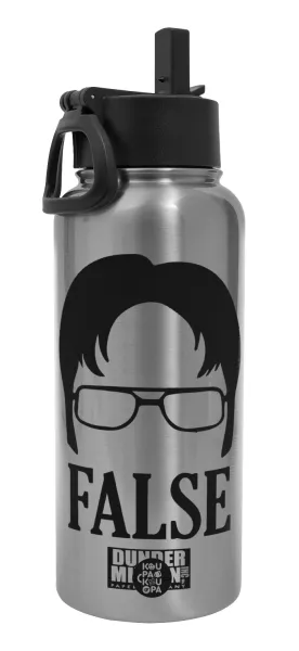 The office Dwight false — Μεταλλικό παγούρι θερμός Silver με καλαμάκι και χερούλι (Stainless steel), διπλού τοιχώματος, 950ml