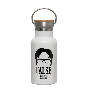 The office Dwight false, Metallic thermos (Stainless steel) White with wooden lid (bamboo), double-walled, 350ml