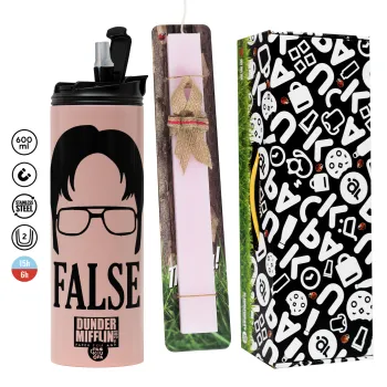 The office Dwight false, Πασχαλινή Λαμπάδα με  ΡΟΖ Travel Tumbler θερμό (600ml, BPA free) & κερί αρωματικό πλακέ (30cm) (ΡΟΖ)