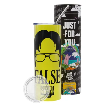 The office Dwight false, Neon Yellow Travel Tumbler θερμό, μεταλλικό καλαμάκι(Ανωξείδωτο 304 Food grade, BPA free, 600ml)