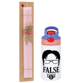 The office Dwight false, Easter Set, Children's thermal stainless steel water bottle with safety straw, pink/purple (350ml) & Easter scented flat candle (30cm) (PINK)