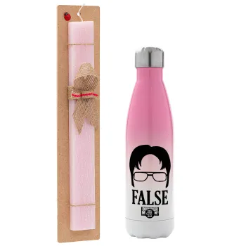 The office Dwight false, Easter Set, Metallic pink/white (Stainless steel) thermos, double-walled, 500ml & aromatic flat Easter candle (30cm) (PINK)
