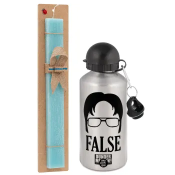 The office Dwight false, Πασχαλινή Λαμπάδα με παγούρι μεταλλικό Ασημένιο αλουμινίου (500ml) & κερί αρωματικό πλακέ (30cm) (ΤΙΡΚΟΥΑΖ)