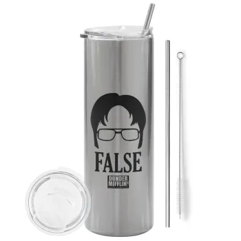 The office Dwight false, Tumbler ποτήρι θερμό Ασημένιο από ανοξείδωτο ατσάλι 600ml, με μεταλλικό καλαμάκι & βούρτσα καθαρισμού