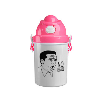The office Michael NO!!!, Ροζ παιδικό παγούρι πλαστικό (BPA-FREE) με καπάκι ασφαλείας, κορδόνι και καλαμάκι, 400ml