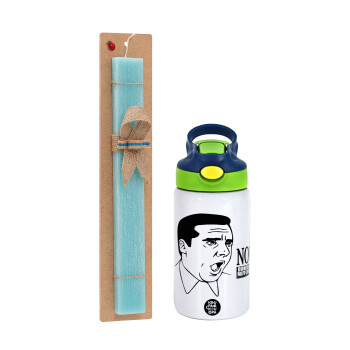 The office Michael NO!!!, Easter Set, Children's thermal stainless steel bottle with safety straw, green/blue (350ml) & aromatic flat Easter candle (30cm) (TURQUOISE)