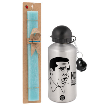 The office Michael NO!!!, Easter Set, metallic silver aluminum water bottle (500ml) & scented flat Easter candle (30cm) (TURQUOISE)