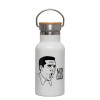 Metallic thermos (Stainless steel) White with wooden lid (bamboo), double-walled, 350ml
