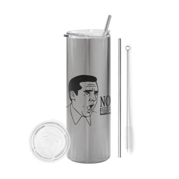 The office Michael NO!!!, Eco friendly stainless steel Silver tumbler 600ml, with metal straw & cleaning brush