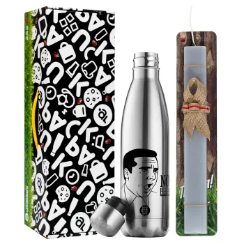 The office Michael NO!!!, Easter Set, metallic stainless thermos flask (500ml) & scented flat Easter candle (30cm) (GRAY)