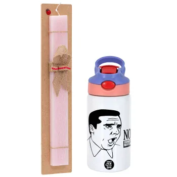 The office Michael NO!!!, Easter Set, Children's thermal stainless steel water bottle with safety straw, pink/purple (350ml) & Easter scented flat candle (30cm) (PINK)