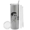 Tumbler ποτήρι θερμό Ασημένιο από ανοξείδωτο ατσάλι 600ml, με μεταλλικό καλαμάκι & βούρτσα καθαρισμού