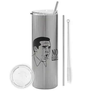 The office Michael NO!!!, Tumbler ποτήρι θερμό Ασημένιο από ανοξείδωτο ατσάλι 600ml, με μεταλλικό καλαμάκι & βούρτσα καθαρισμού