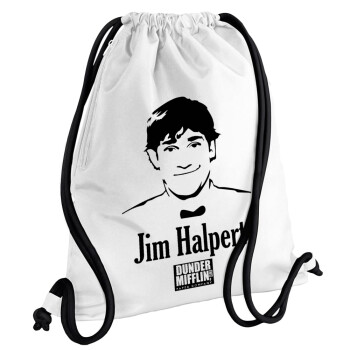 The office Jim Halpert, Τσάντα πλάτης πουγκί GYMBAG λευκή, με τσέπη (40x48cm) & χονδρά κορδόνια
