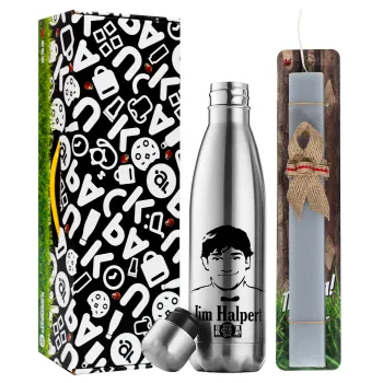 The office Jim Halpert, Easter Set, metallic stainless thermos flask (500ml) & scented flat Easter candle (30cm) (GRAY)