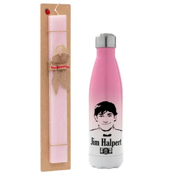 The office Jim Halpert, Easter Set, Metallic pink/white (Stainless steel) thermos, double-walled, 500ml & aromatic flat Easter candle (30cm) (PINK)