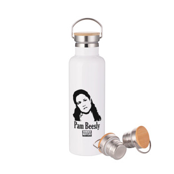 The office Pam Beesly, Stainless steel White with wooden lid (bamboo), double wall, 750ml