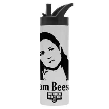 The office Pam Beesly, Μεταλλικό παγούρι θερμός με καλαμάκι & χειρολαβή, ανοξείδωτο ατσάλι (Stainless steel 304), διπλού τοιχώματος, 600ml