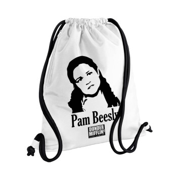 The office Pam Beesly, Τσάντα πλάτης πουγκί GYMBAG λευκή, με τσέπη (40x48cm) & χονδρά κορδόνια