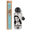 Easter Set, metallic silver aluminum water bottle (500ml) & scented flat Easter candle (30cm) (TURQUOISE)