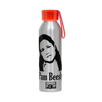 The office Pam Beesly, Aluminum Sports Bottle 650ml – Silver with Red Cap and Silicone Strap