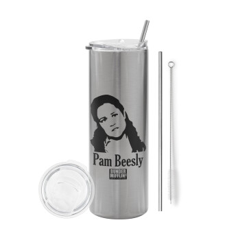 The office Pam Beesly, Eco friendly stainless steel Silver tumbler 600ml, with metal straw & cleaning brush