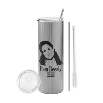 The office Pam Beesly, Tumbler stainless steel Silver 600ml, with metal straw & cleaning brush