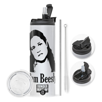 The office Pam Beesly, Travel Tumbler 2 Lids, with metal straw & cleaning brush (Stainless steel 304 Food grade, BPA free, 600ml)