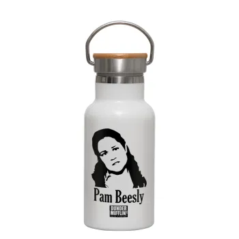 The office Pam Beesly, Metallic thermos (Stainless steel) White with wooden lid (bamboo), double-walled, 350ml