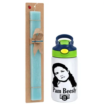 The office Pam Beesly, Πασχαλινή Λαμπάδα με Παιδικό παγούρι θερμό, ανοξείδωτο, με καλαμάκι ασφαλείας, πράσινο/μπλε (350ml) & κερί αρωματικό πλακέ (30cm) (ΤΙΡΚΟΥΑΖ)