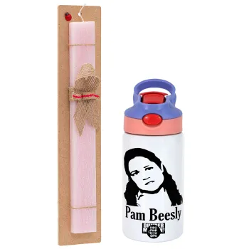 The office Pam Beesly, Easter Set, Children's thermal stainless steel water bottle with safety straw, pink/purple (350ml) & Easter scented flat candle (30cm) (PINK)