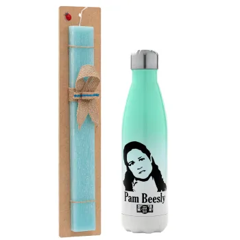 The office Pam Beesly, Πασχαλινή Λαμπάδα με Μεταλλικό παγούρι θερμός Πράσινο/Λευκό (Stainless steel), διπλού τοιχώματος, 500ml & κερί αρωματικό πλακέ (30cm) (ΤΙΡΚΟΥΑΖ)