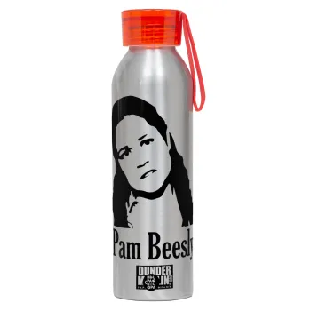 The office Pam Beesly, Αλουμινένιο Αθλητικό Μπουκάλι 650ml – Ασημί με Κόκκινο Καπάκι και Λουράκι Σιλικόνης
