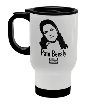 The office Pam Beesly, Stainless steel travel mug with lid, double wall white 450ml