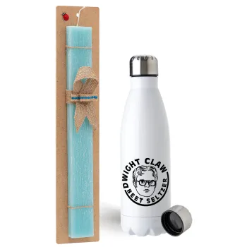 The office Dwight Claw (beet seltzer), Easter Set, metallic stainless steel water bottle (750ml) & aromatic flat Easter candle (30cm) (TURQUOISE)