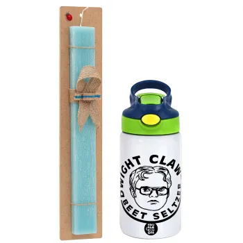 The office Dwight Claw (beet seltzer), Easter Set, Children's thermal stainless steel bottle with safety straw, green/blue (350ml) & aromatic flat Easter candle (30cm) (TURQUOISE)