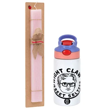 The office Dwight Claw (beet seltzer), Easter Set, Children's thermal stainless steel water bottle with safety straw, pink/purple (350ml) & Easter scented flat candle (30cm) (PINK)