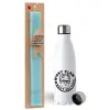 Easter Set, metallic stainless steel water bottle (750ml) & aromatic flat Easter candle (30cm) (TURQUOISE)