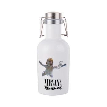 Nirvana nevermind, Μεταλλικό παγούρι Λευκό (Stainless steel) με καπάκι ασφαλείας 1L