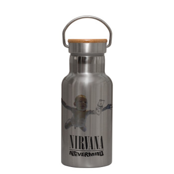 Nirvana nevermind, Μεταλλικό παγούρι θερμός (Stainless steel) Ασημένιο με ξύλινο καπακι (bamboo), διπλού τοιχώματος, 350ml