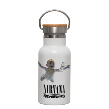 Nirvana nevermind, Μεταλλικό παγούρι θερμός (Stainless steel) Λευκό με ξύλινο καπακι (bamboo), διπλού τοιχώματος, 350ml