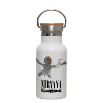 Nirvana nevermind, Metallic thermos (Stainless steel) White with wooden lid (bamboo), double-walled, 350ml