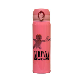Nirvana nevermind, Μεταλλικό παγούρι θερμός ΡΟΖ (Stainless steel), διπλού τοιχώματος με καπάκι ασφαλείας, 500ml