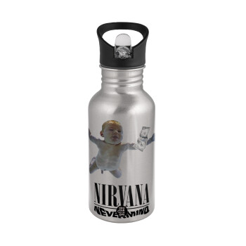Nirvana nevermind, Παγούρι νερού Ασημένιο με καλαμάκι, ανοξείδωτο ατσάλι 500ml