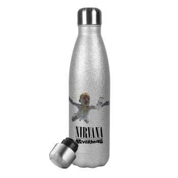 Nirvana nevermind, Μεταλλικό παγούρι θερμός Glitter Aσημένιο (Stainless steel), διπλού τοιχώματος, 500ml