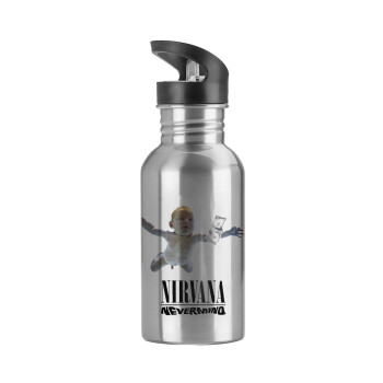 Nirvana nevermind, Παγούρι νερού Ασημένιο με καλαμάκι, ανοξείδωτο ατσάλι 600ml