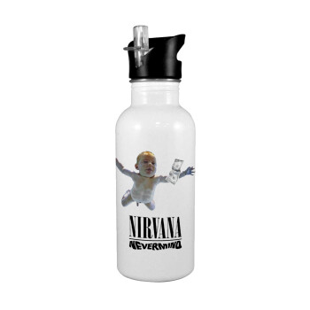 Nirvana nevermind, Παγούρι νερού Λευκό με καλαμάκι, ανοξείδωτο ατσάλι 600ml