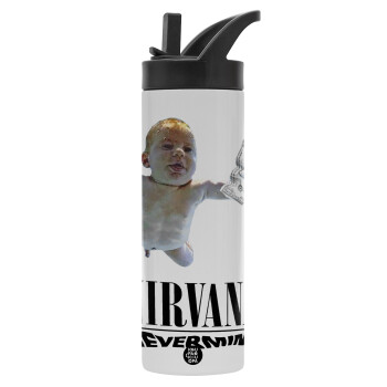 Nirvana nevermind, Μεταλλικό παγούρι θερμός με καλαμάκι & χειρολαβή, ανοξείδωτο ατσάλι (Stainless steel 304), διπλού τοιχώματος, 600ml