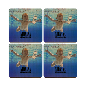 Nirvana nevermind, ΣΕΤ x4 Σουβέρ ξύλινα τετράγωνα plywood (9cm)